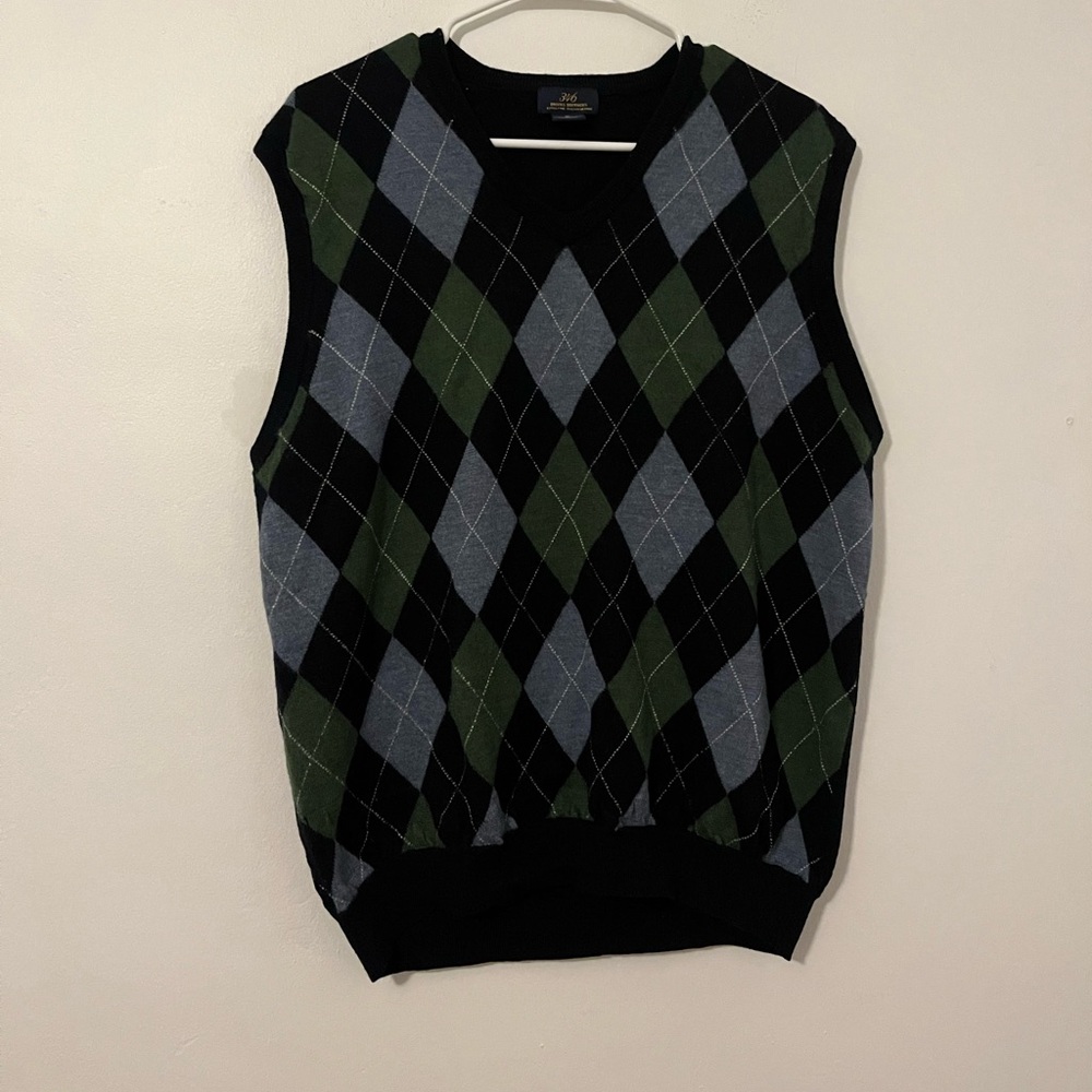 Vintage 346 Brooks Brothers Sweater Best Black Green Gray Merino Wool V Neck CL